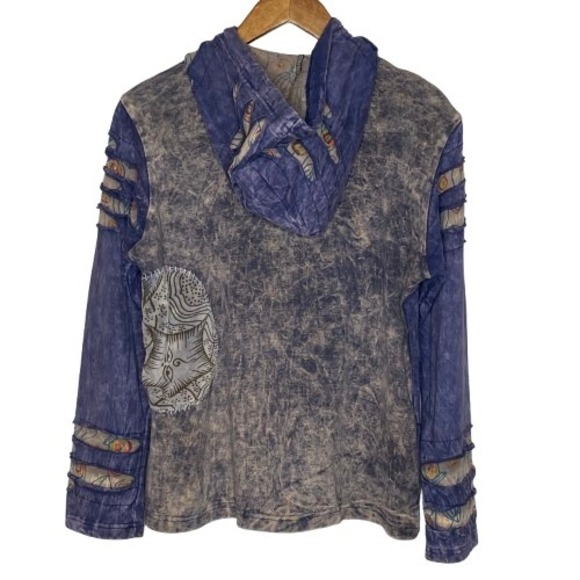 Rising International Womens Razor Cut Patch Full Zip Hoodie L Nepal Boho Hippie - Picture 10 of 16